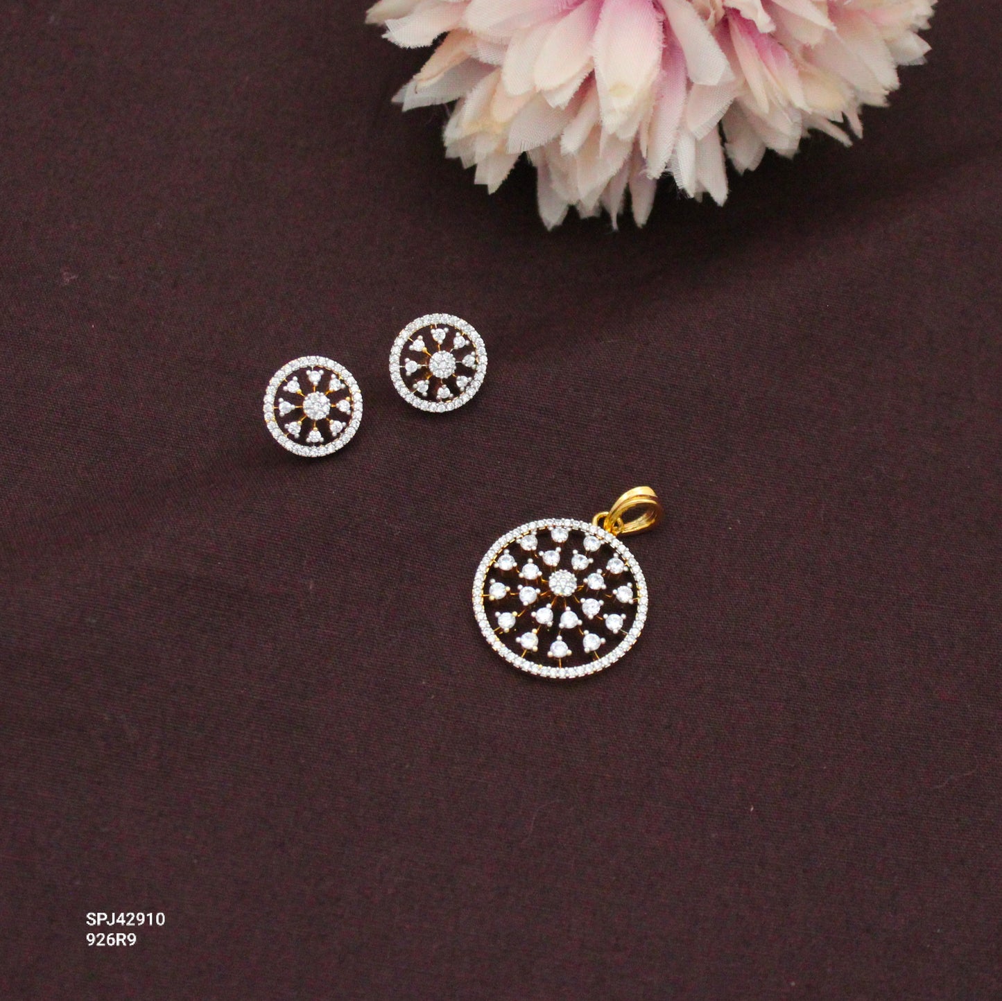 Elegant Real Diamond Look Small Round Fancy Pendant Set With Push Back Studs 42910