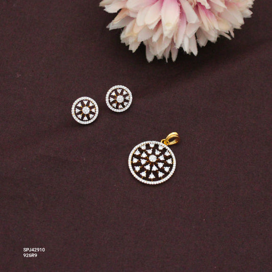 Elegant Real Diamond Look Small Round Fancy Pendant Set With Push Back Studs 42910