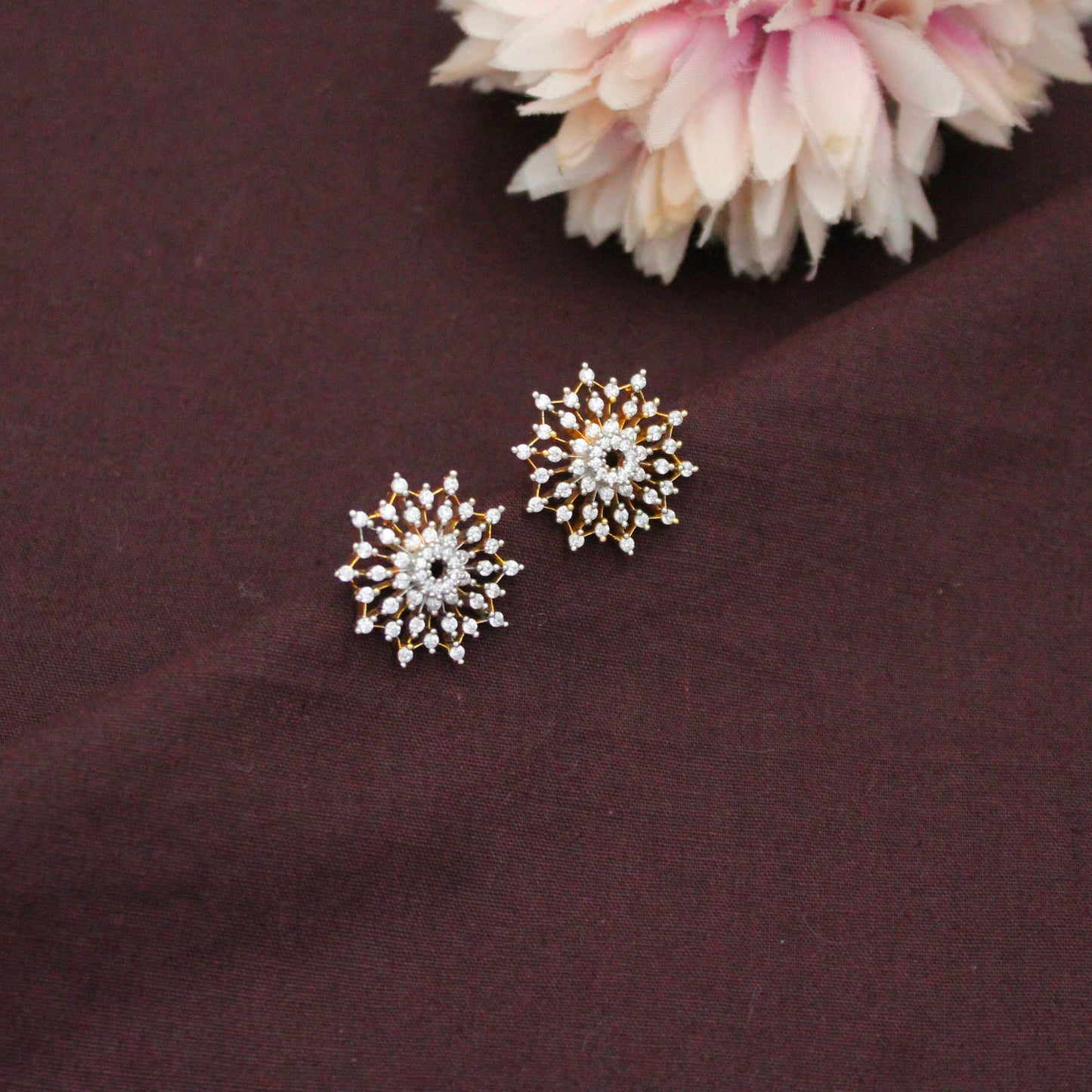 Real Diamond Look Premium Full White Floral Pendant Set With Push Back Studs 42909