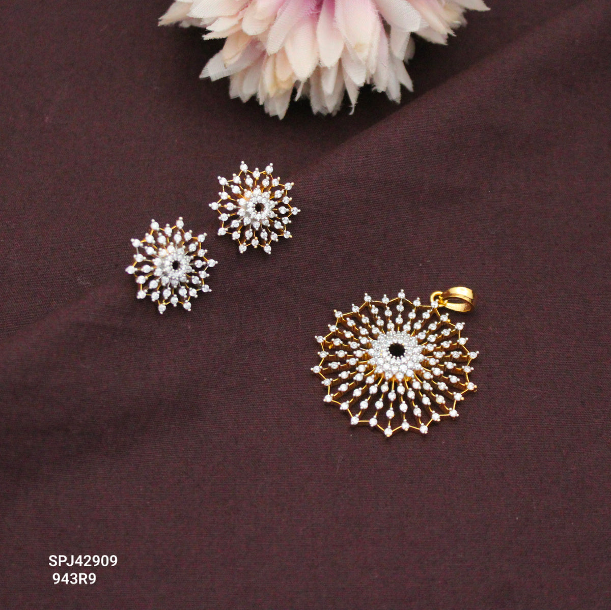 Real Diamond Look Premium Full White Floral Pendant Set With Push Back Studs 42909