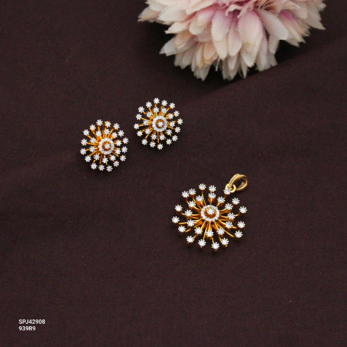 Real Diamond Look Fancy Floral Pendant Set With Push Back Studs 42908