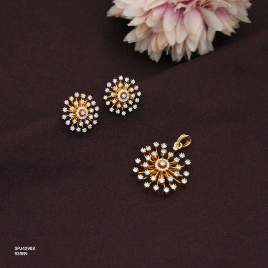 Real Diamond Look Fancy Floral Pendant Set With Push Back Studs 42908