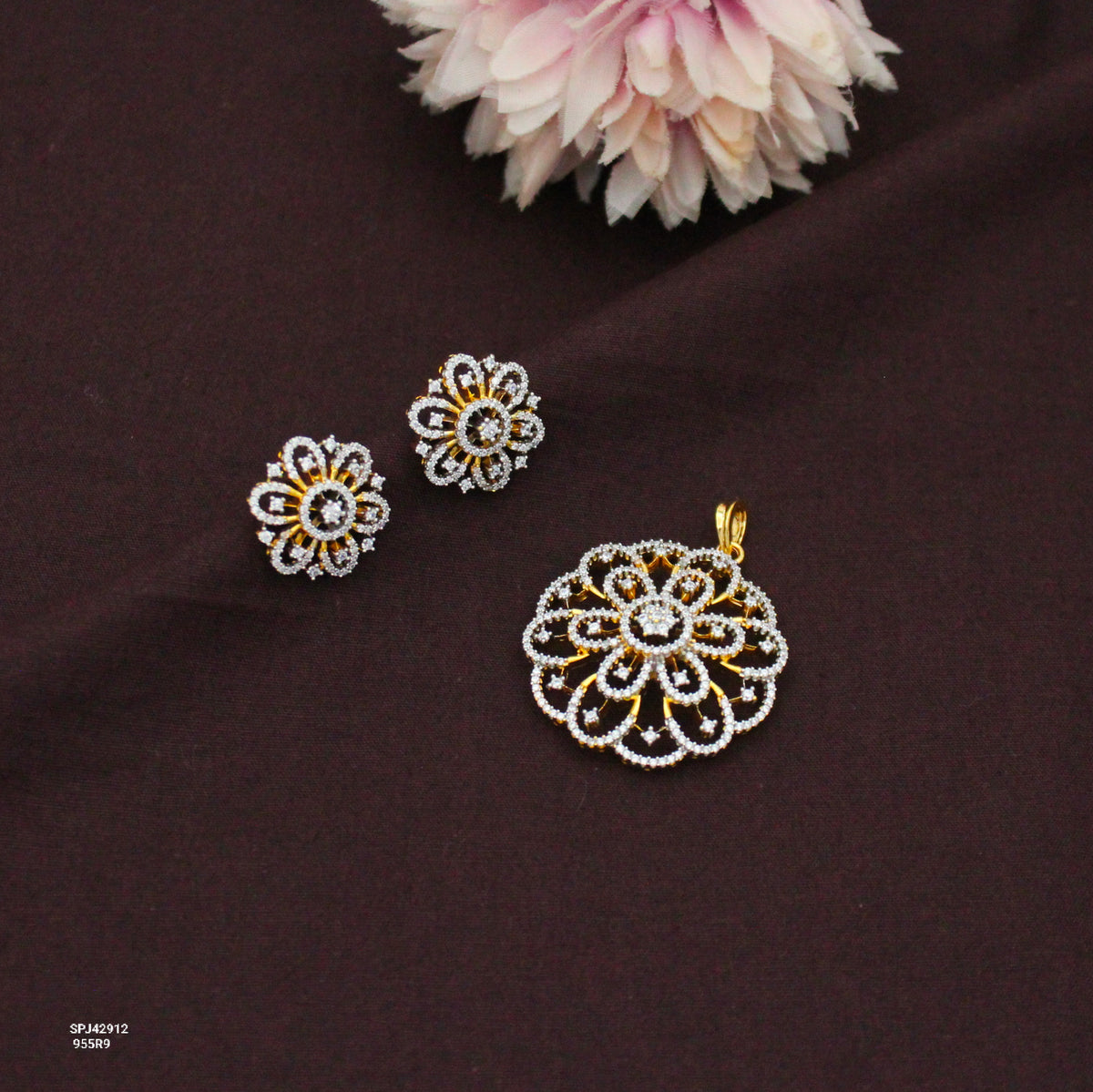 Premium Floral Diamond Look Pendant Set With Push Back Studs 42912