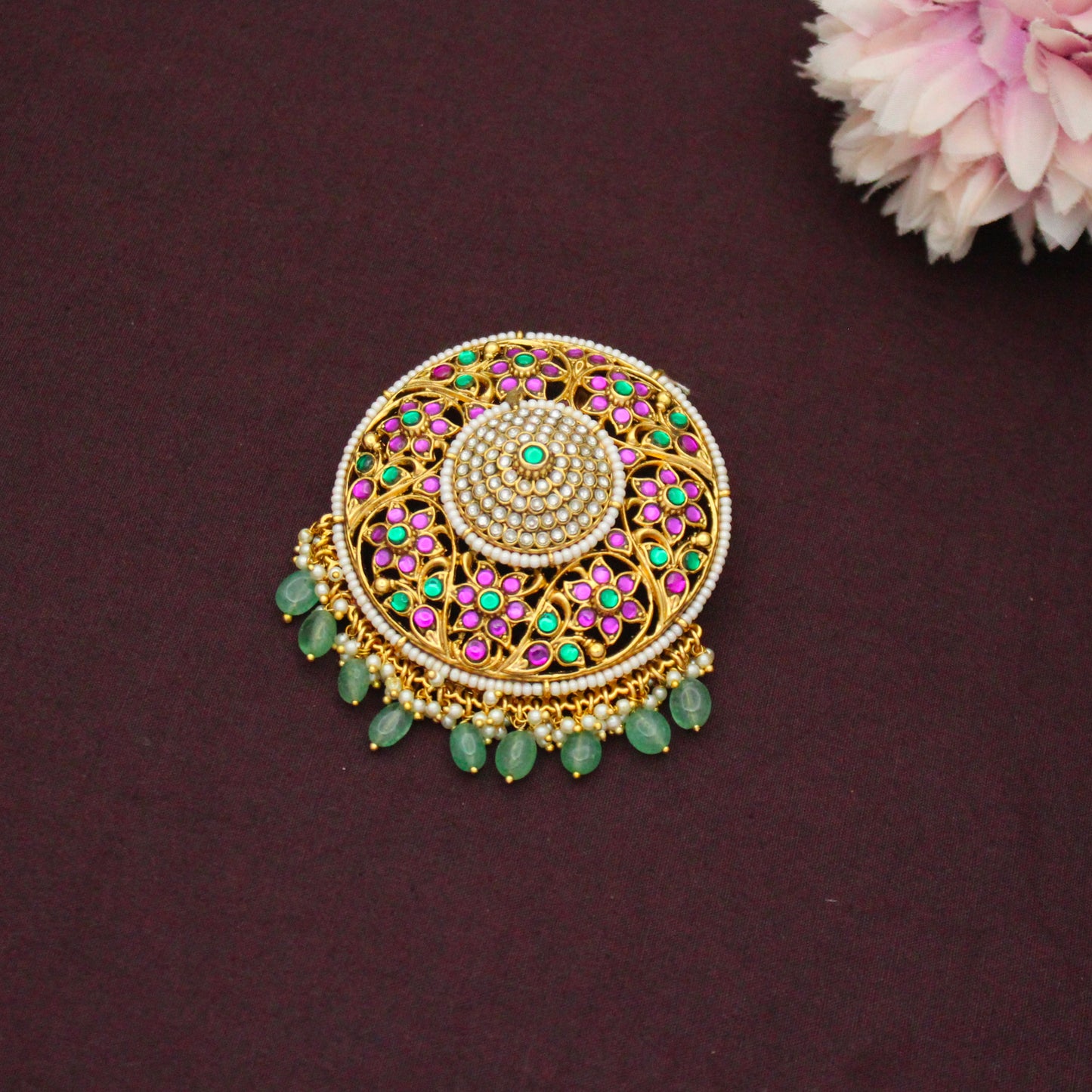 Elegant And Grand Jadau Kundan Multi Big Floral Pendant Set With Push Back Jhumkis and Green Beads 42897
