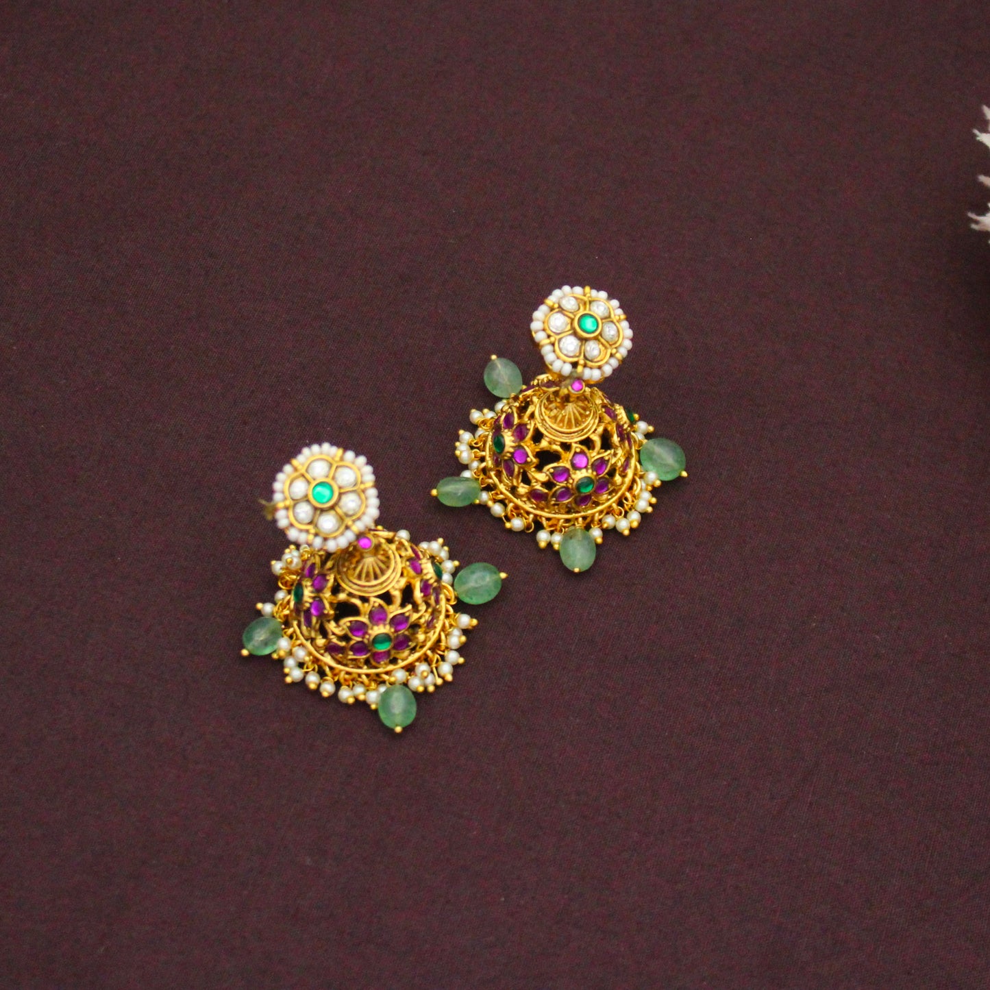 Elegant And Grand Jadau Kundan Multi Big Floral Pendant Set With Push Back Jhumkis and Green Beads 42897
