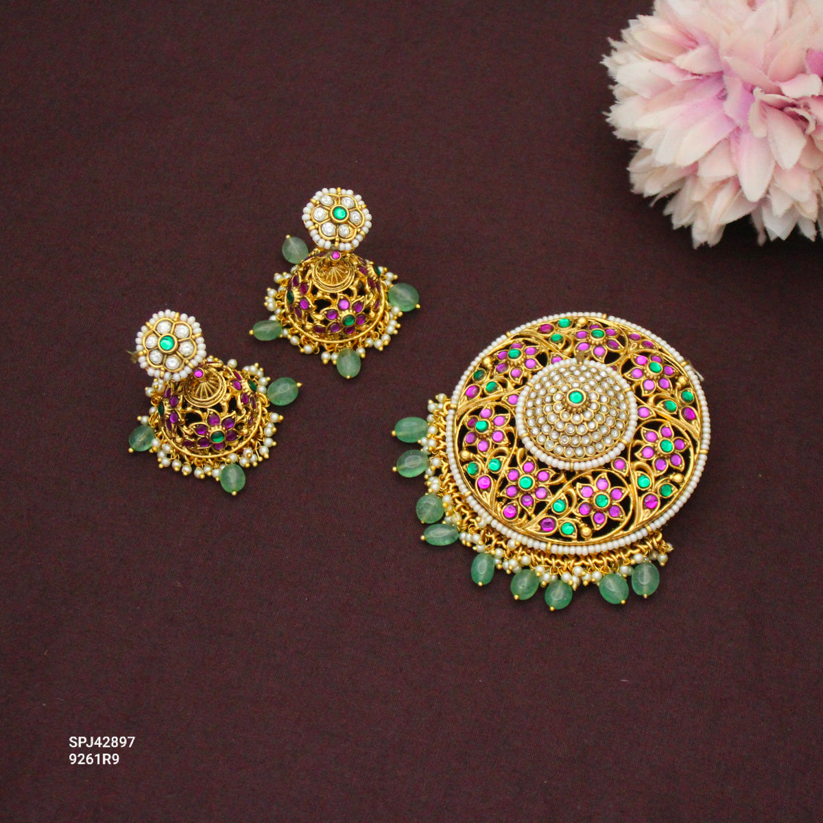 Elegant And Grand Jadau Kundan Multi Big Floral Pendant Set With Push Back Jhumkis and Green Beads 42897