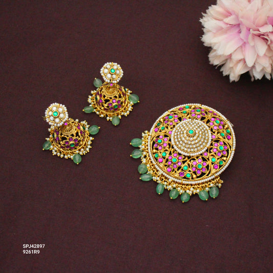 Elegant And Grand Jadau Kundan Multi Big Floral Pendant Set With Push Back Jhumkis and Green Beads 42897