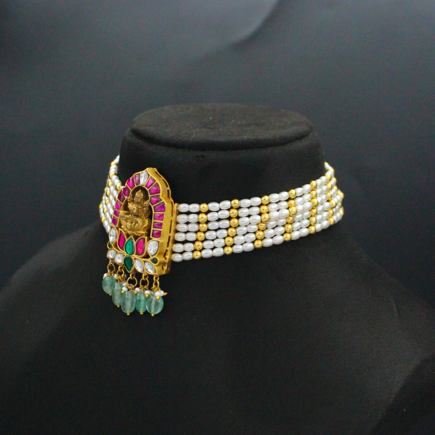 Premium Jadau Kundan Multi Laxmi Locket With 6 Lines Rice Pearls Choker 42903