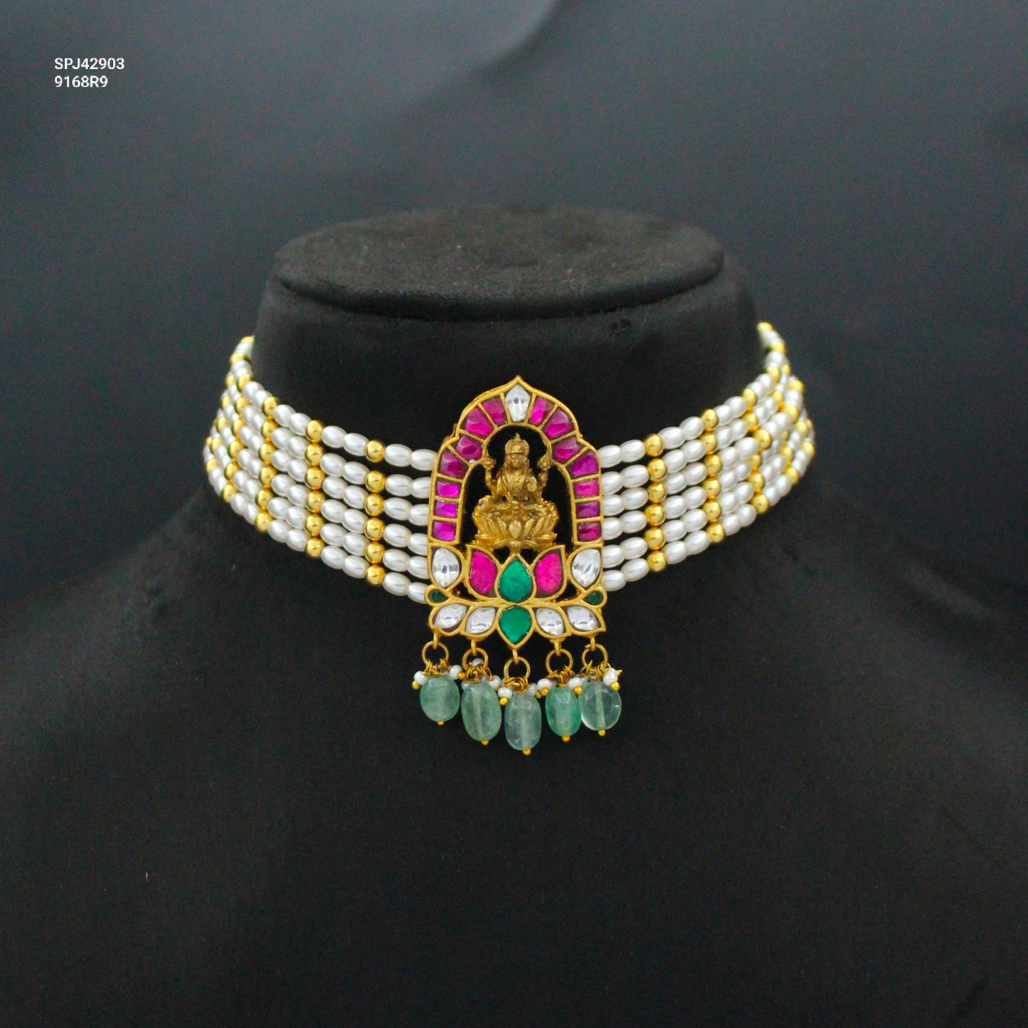 Premium Jadau Kundan Multi Laxmi Locket With 6 Lines Rice Pearls Choker 42903