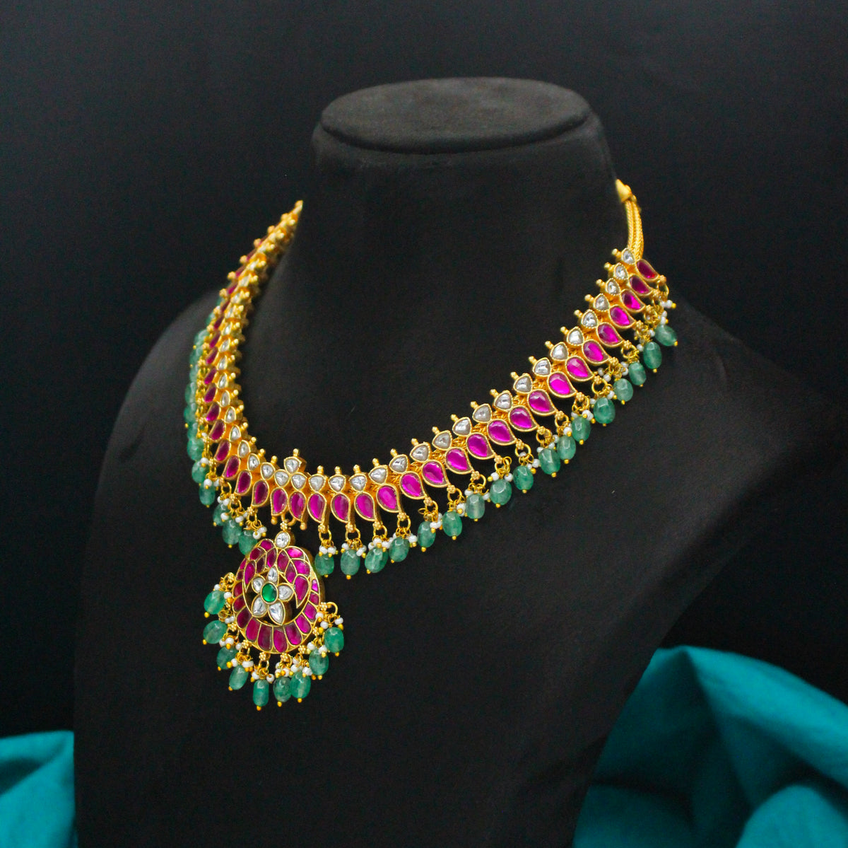 Premium Jadau Kundan Multi Floral Short Necklace With Green Beads 42934