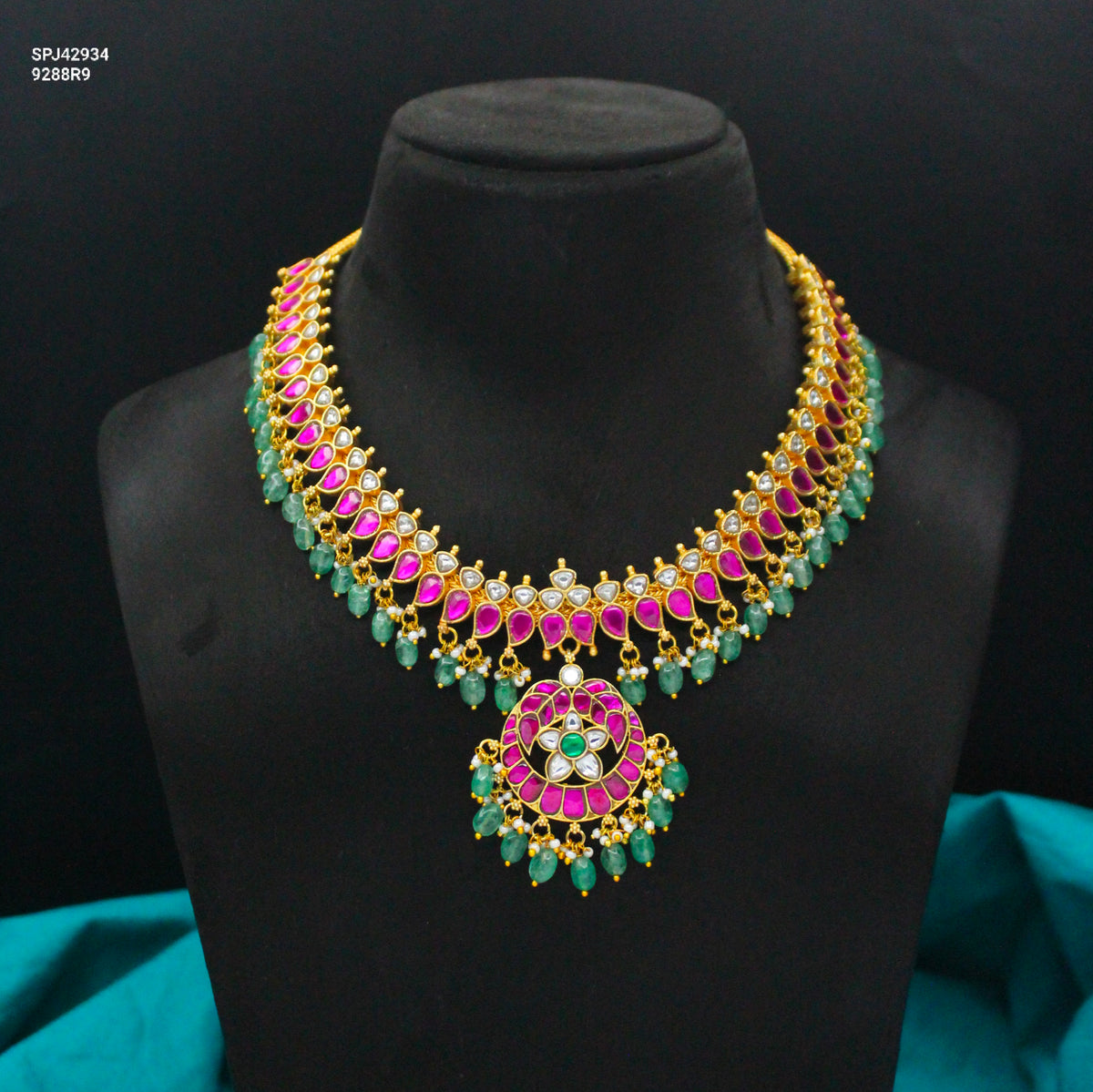 Premium Jadau Kundan Multi Floral Short Necklace With Green Beads 42934