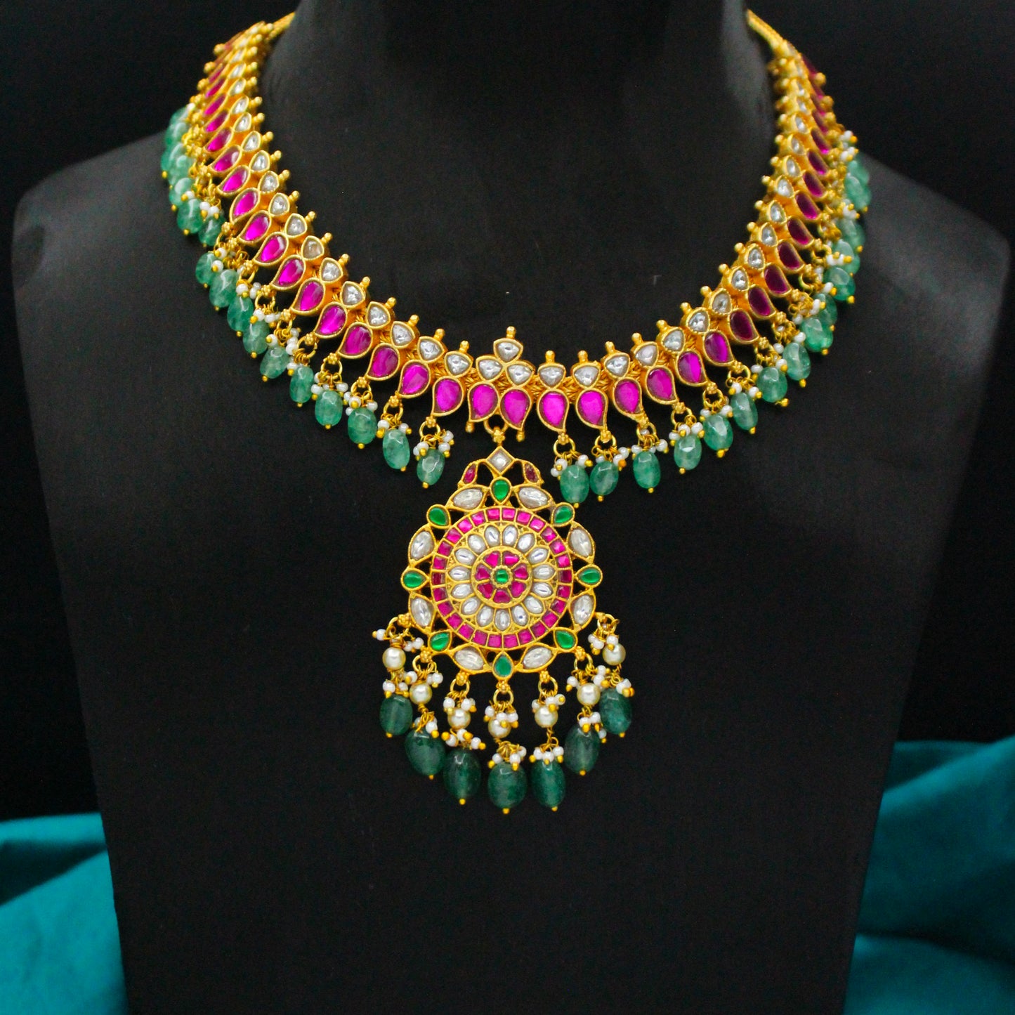 Premium Jadau Kundan Multi Short Necklace With Green Beads & Pearls 42935