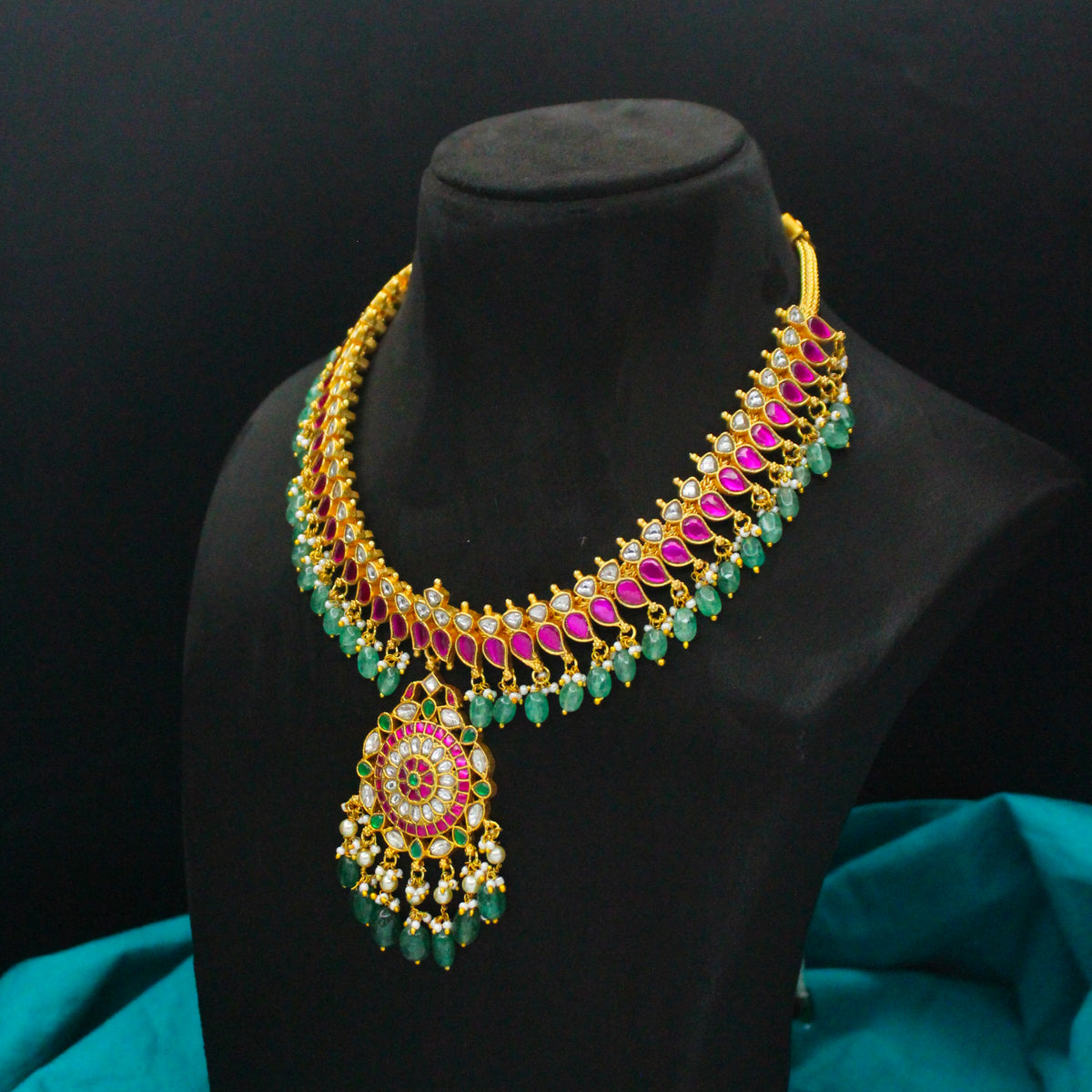Premium Jadau Kundan Multi Short Necklace With Green Beads & Pearls 42935