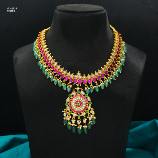 Premium Jadau Kundan Multi Short Necklace With Green Beads & Pearls 42935