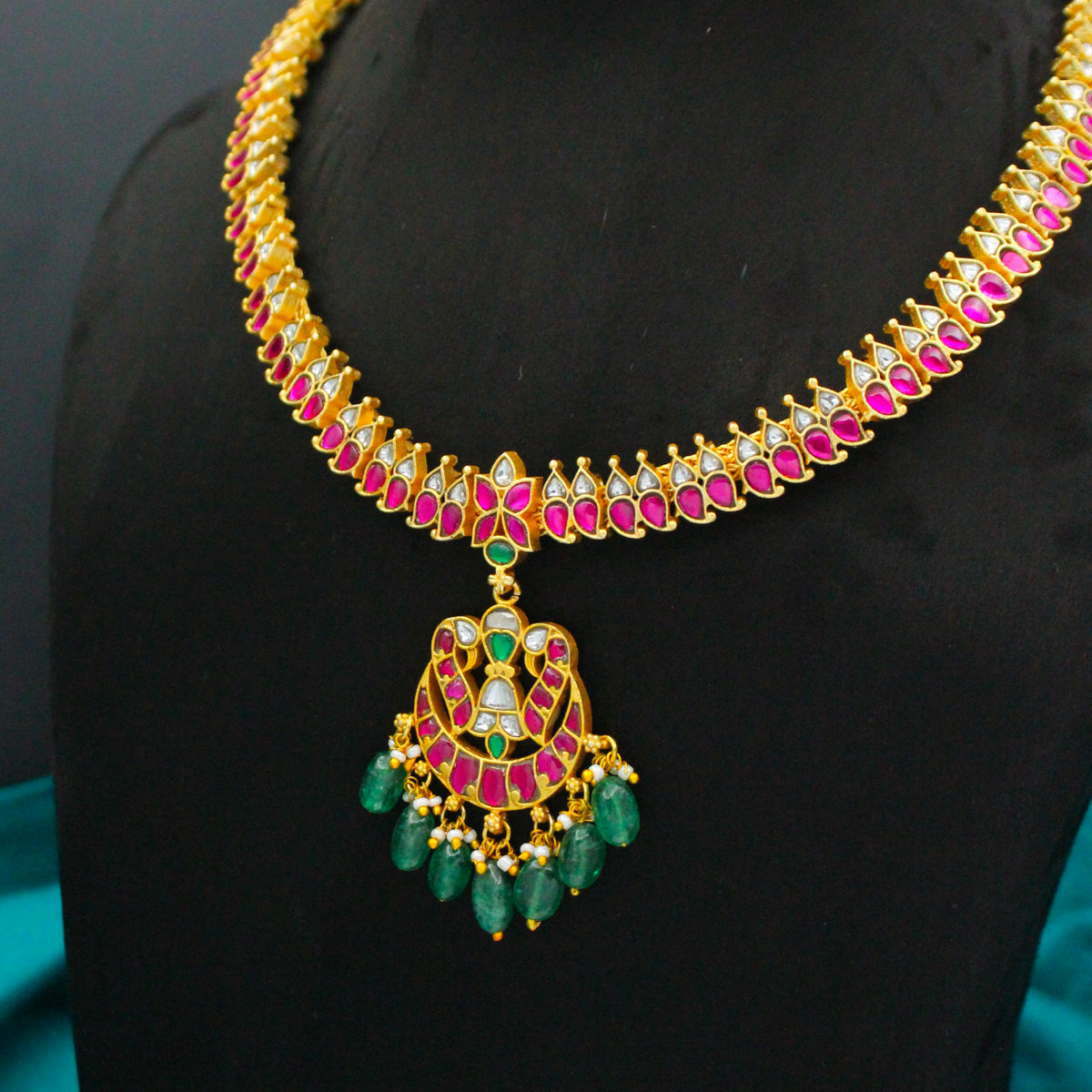 Elegant Jadau Kundan Peacock Multi Short Necklace With Green Beads 42937
