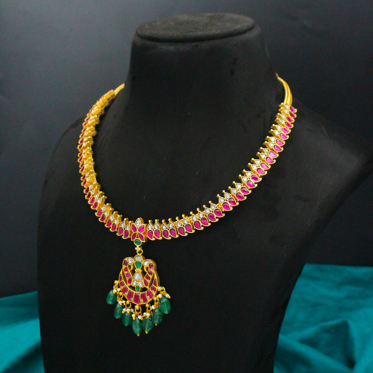 Elegant Jadau Kundan Peacock Multi Short Necklace With Green Beads 42937