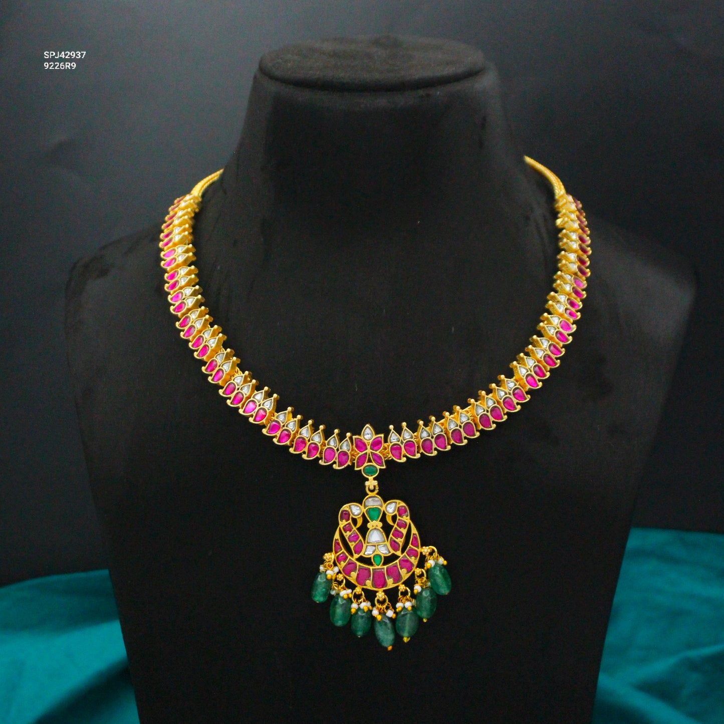 Elegant Jadau Kundan Peacock Multi Short Necklace With Green Beads 42937