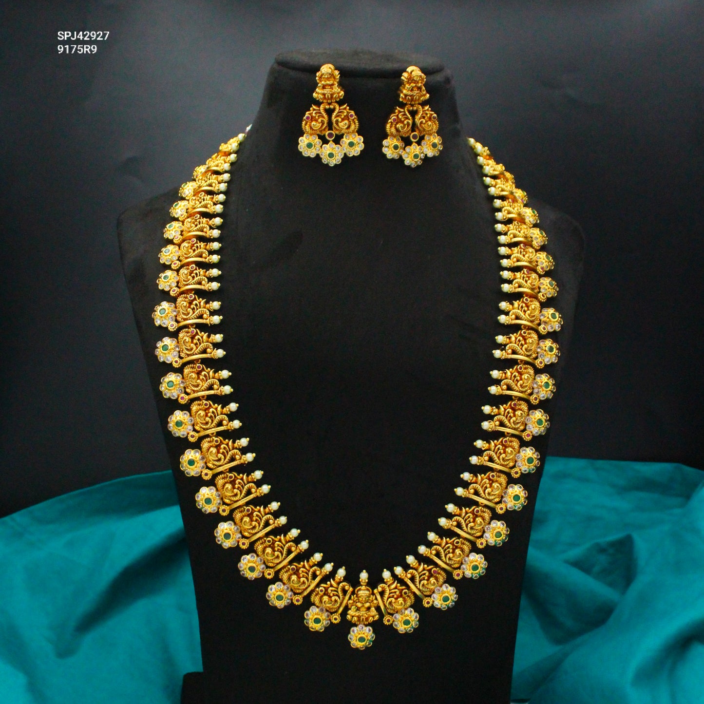 Traditional Nakshi Lakshmi peacock Long Bottumala with screwback earrings 42927