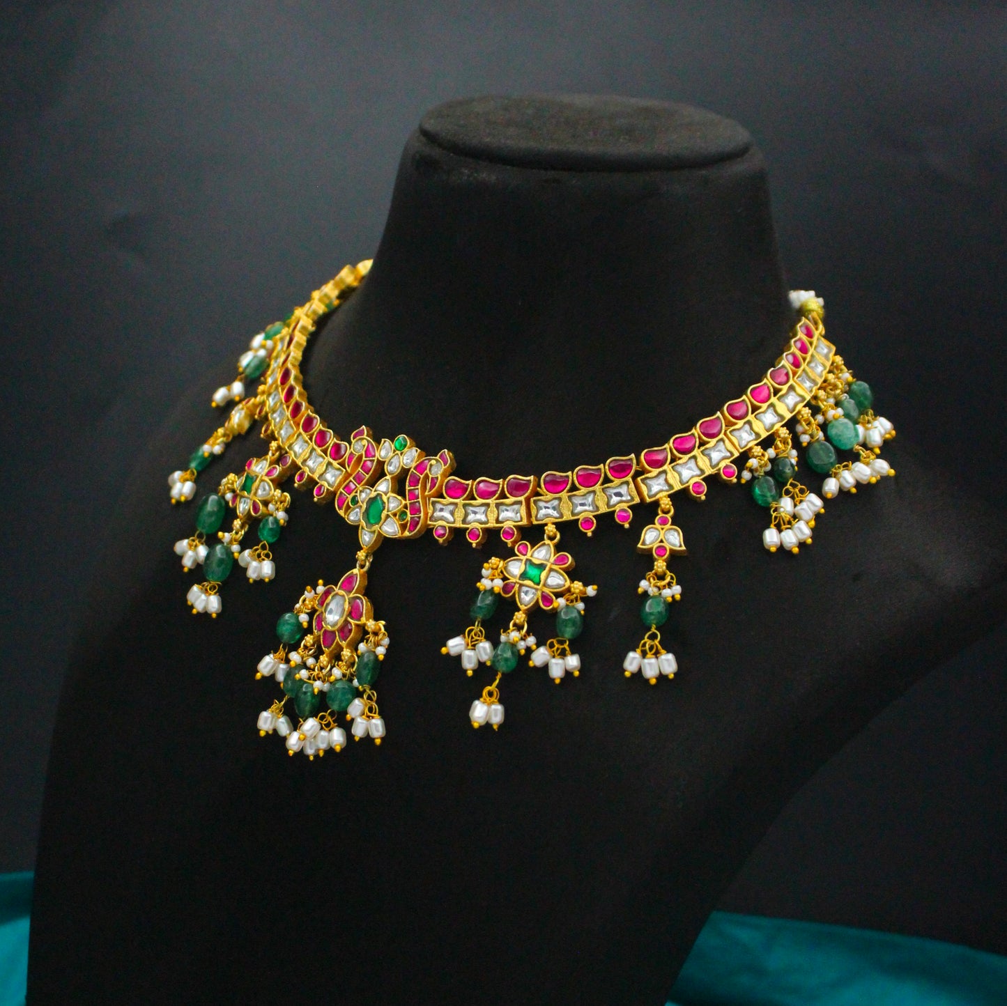 Premium Jadau Kundan Peacock Multi Short Necklace 42936