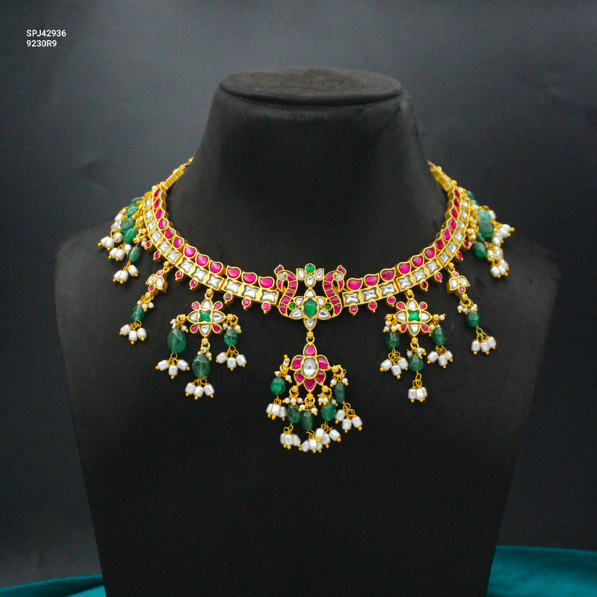 Premium Jadau Kundan Peacock Multi Short Necklace 42936