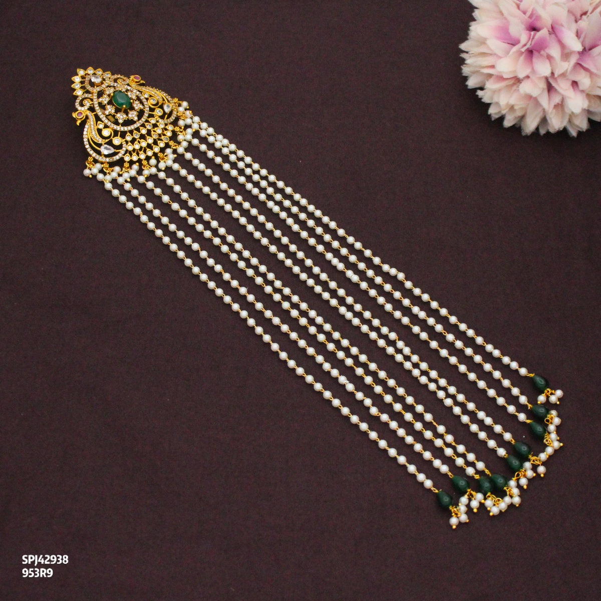 Premium Double Peacock Green Pearls Hair Pin / Jada Billa 42938