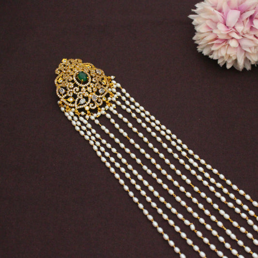 Premium Bridal Green Stone Hair Pin With Rice Pearls 42940 10-11 Inches