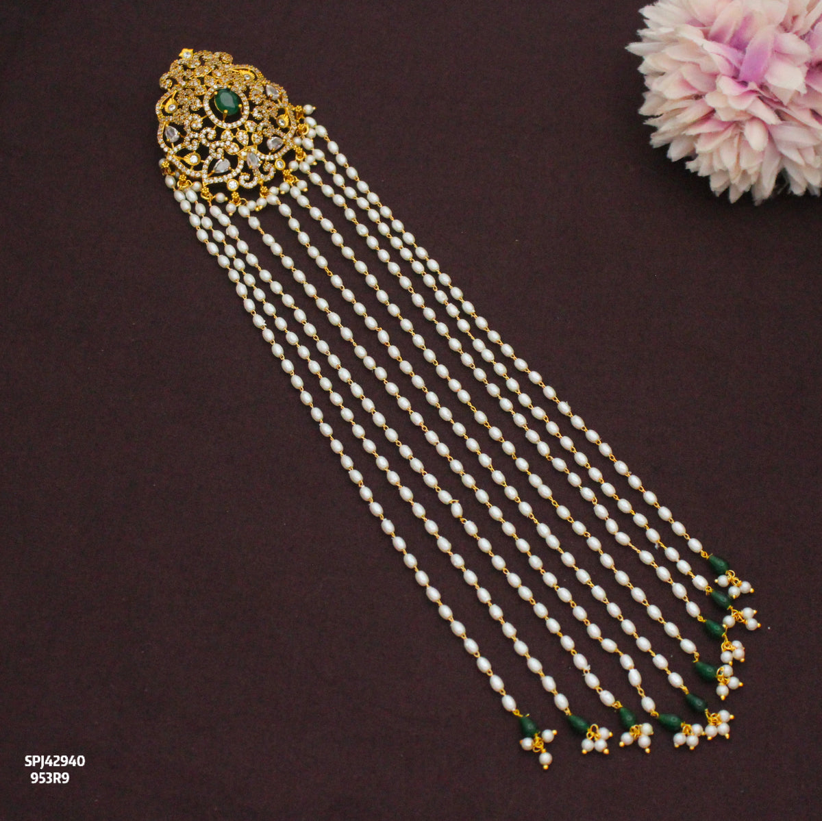 Premium Bridal Green Stone Hair Pin With Rice Pearls 42940