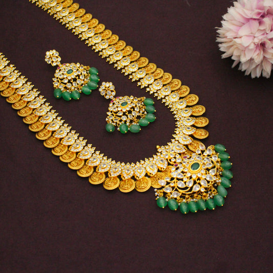 Traditional Uncut Stone Long Kasulu With Screw Back Earrings & Green Beads  42948