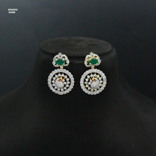 Real Diamond Look Premium Green Peacock Chandbali Earrings Screw Back 42945