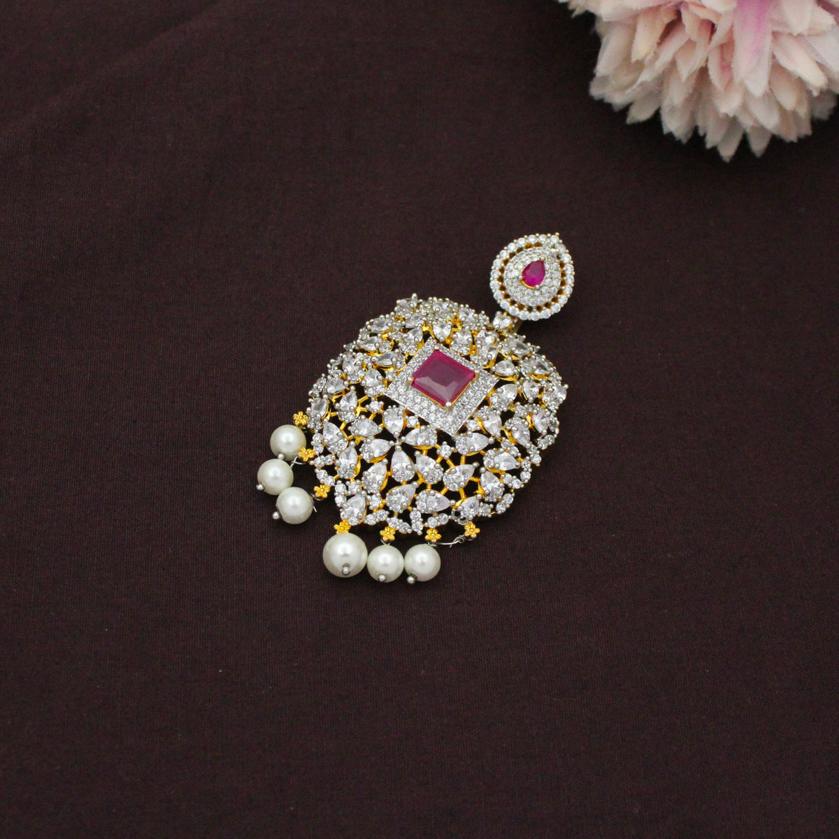 Real Diamond Look Uncut Stone Pendant Set Ruby With Screw Back 23199