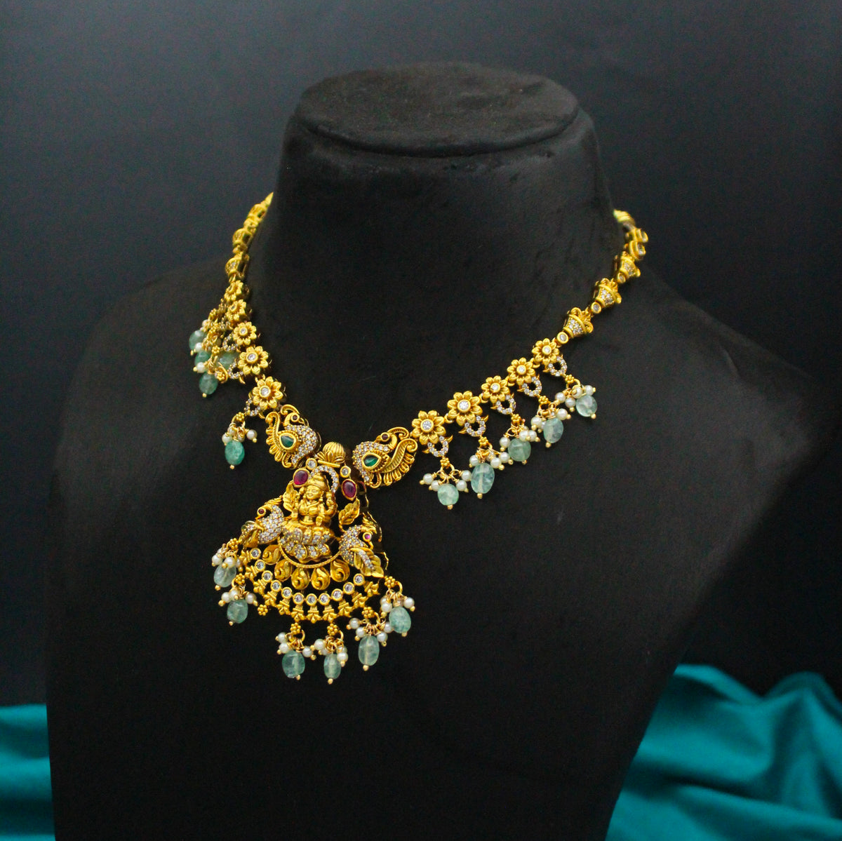 Elegant Nakshi Laxmi Peacock Multi Stone Short Necklace Set With Push Back Earrings 39852