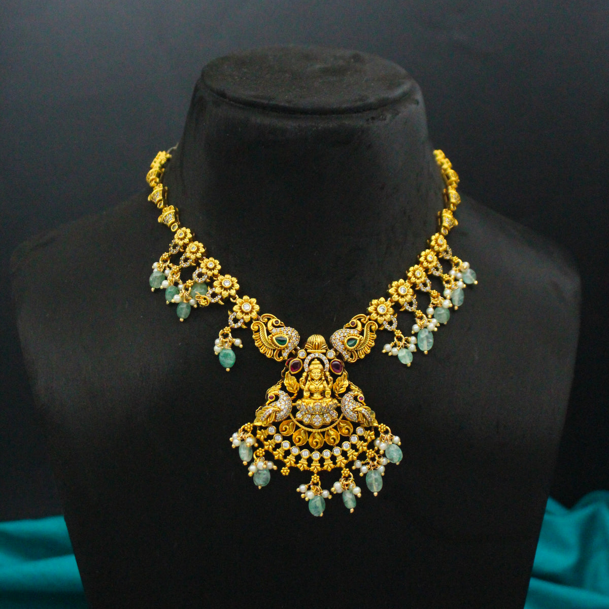 Elegant Nakshi Laxmi Peacock Multi Stone Short Necklace Set With Push Back Earrings 39852