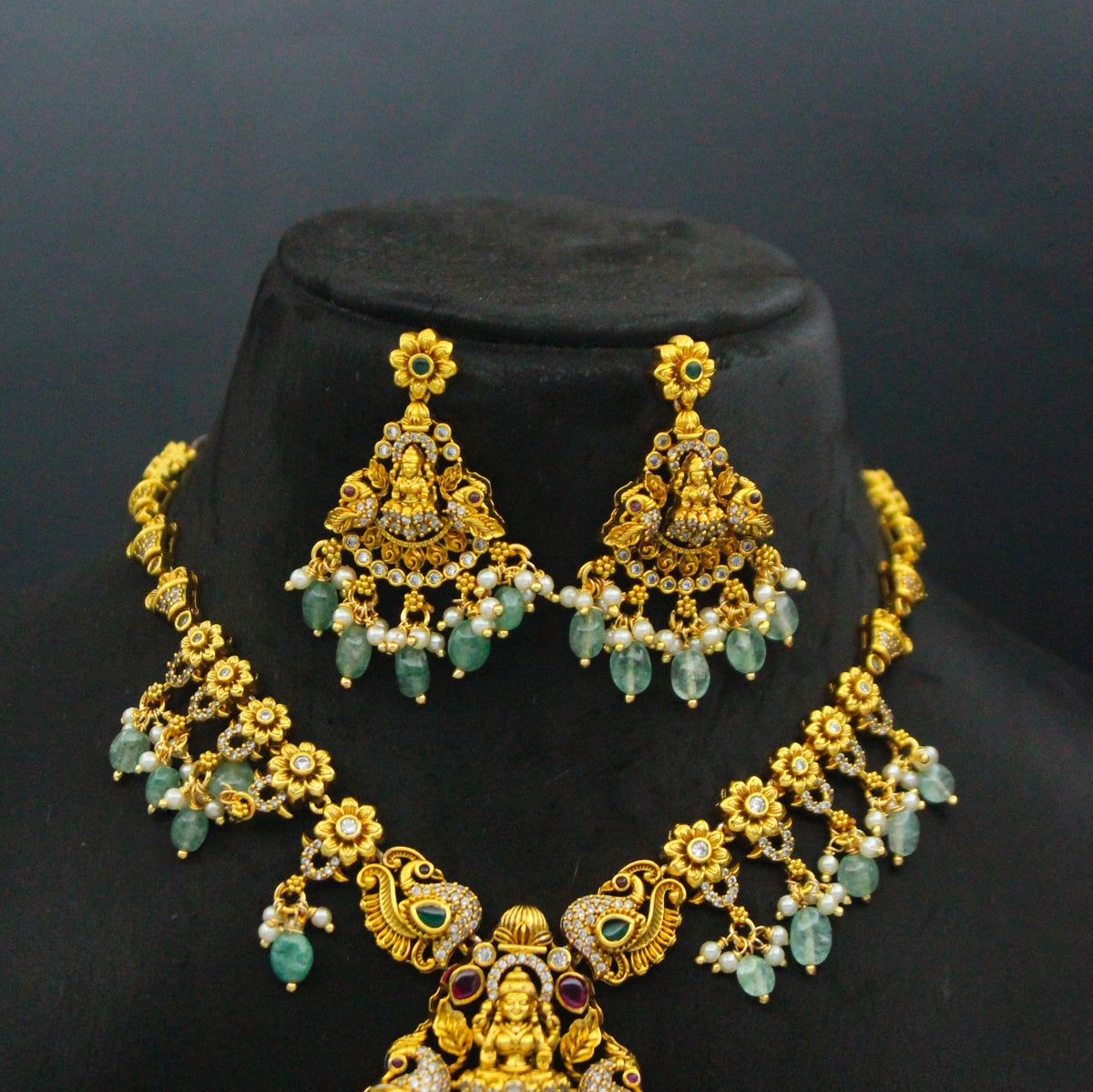 Elegant Nakshi Laxmi Peacock Multi Stone Short Necklace Set With Push Back Earrings 39852