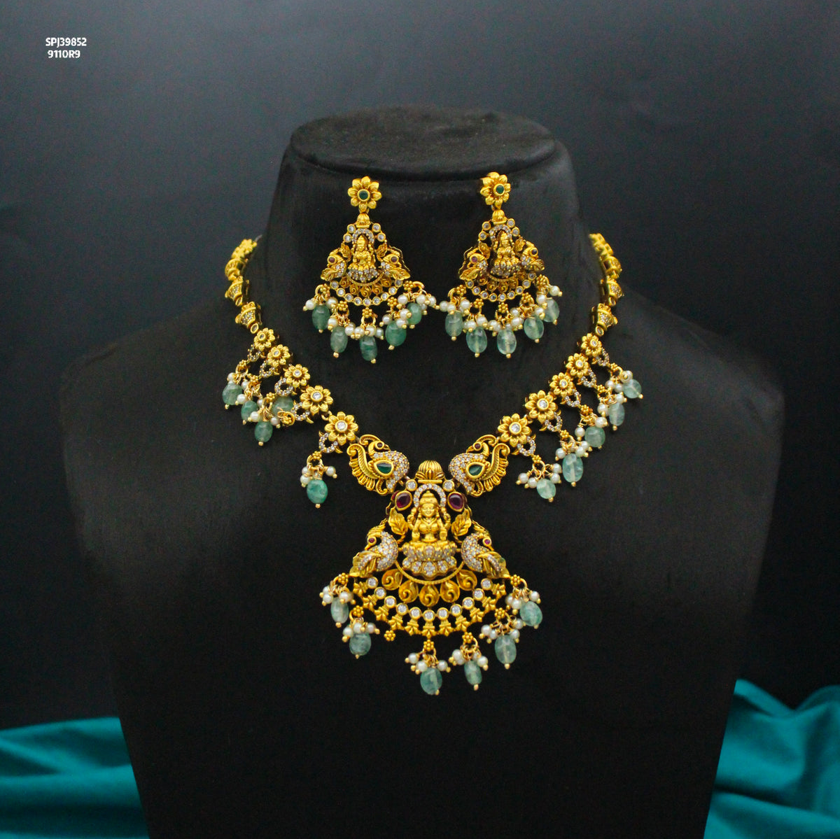 Elegant Nakshi Laxmi Peacock Multi Stone Short Necklace Set With Push Back Earrings 39852