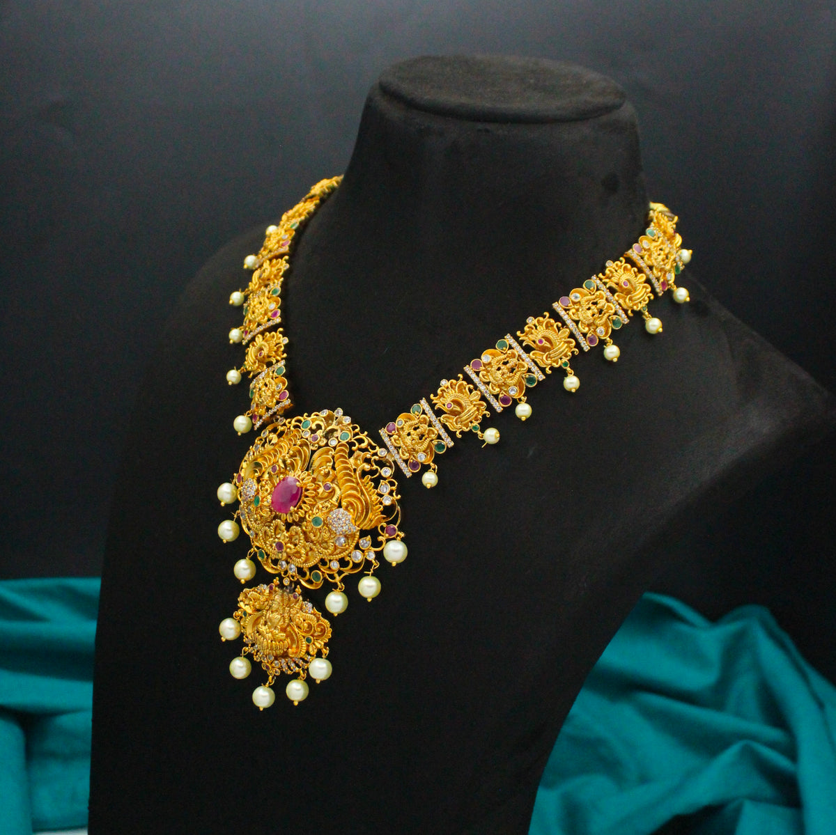 Antique Nakshi Lakshmi Peacock Antique Multi Short Necklace Set With Screw Back Earrings 25245