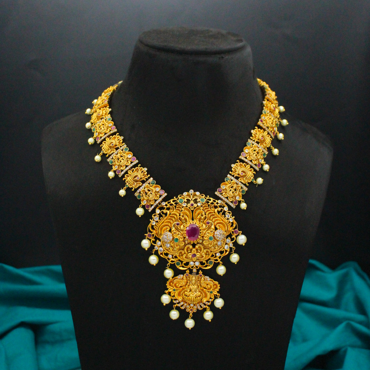 Antique Nakshi Lakshmi Peacock Antique Multi Short Necklace Set With Screw Back Earrings 25245