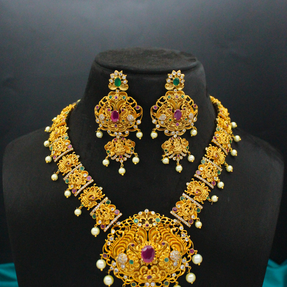 Antique Nakshi Lakshmi Peacock Antique Multi Short Necklace Set With Screw Back Earrings 25245
