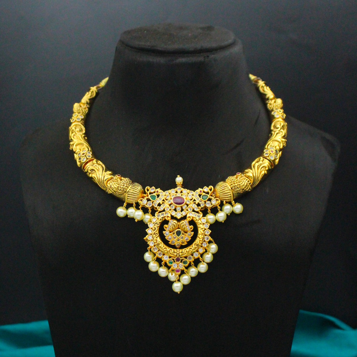 Traditional Multi Stone Peacock Kante With Screw Back Chandbali Earrings 40725