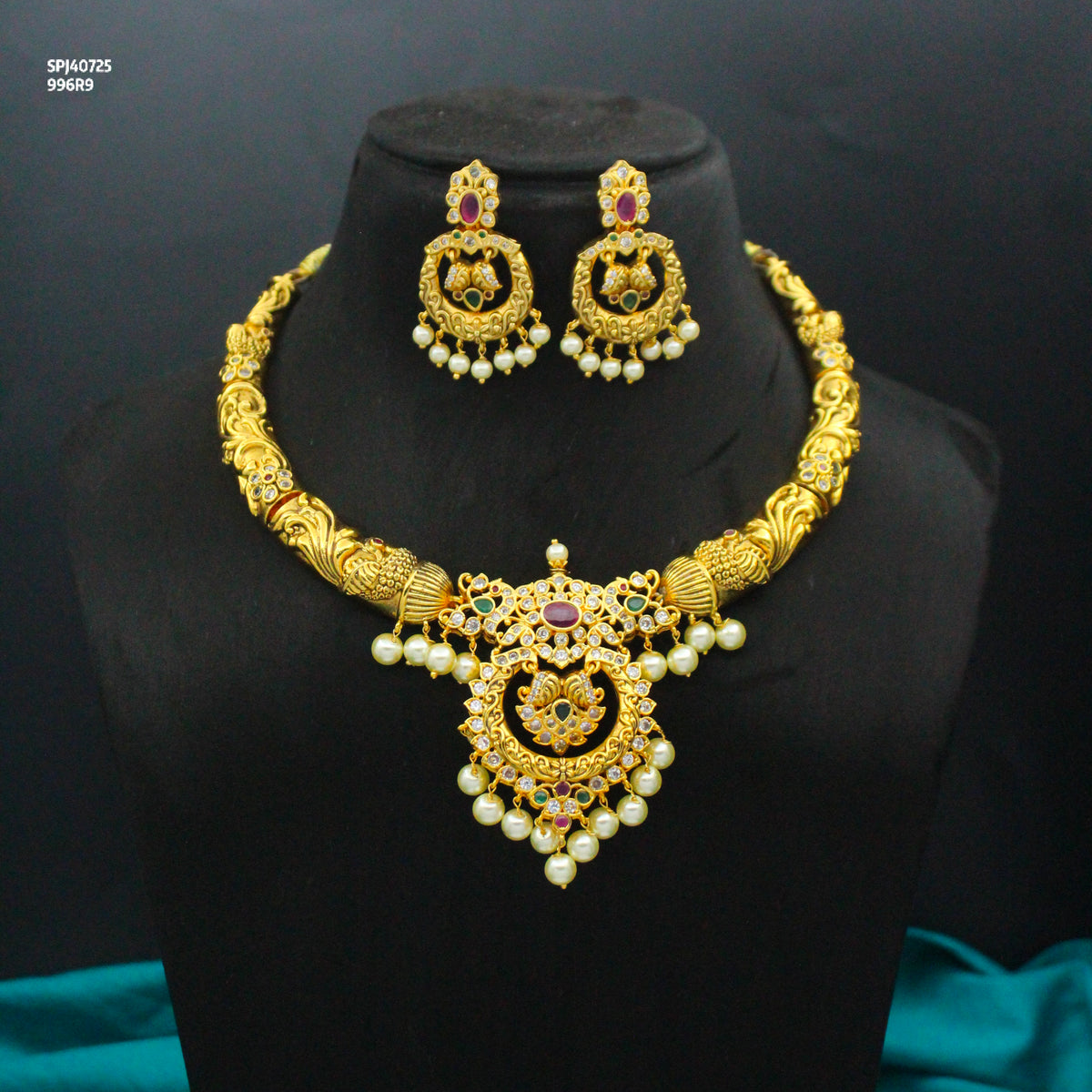 Traditional Multi Stone Peacock Kante With Screw Back Chandbali Earrings 40725