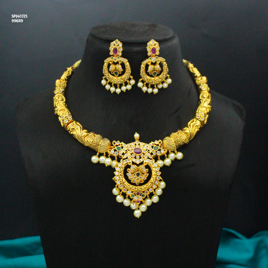 Traditional Multi Stone Peacock Kante With Screw Back Chandbali Earrings 40725