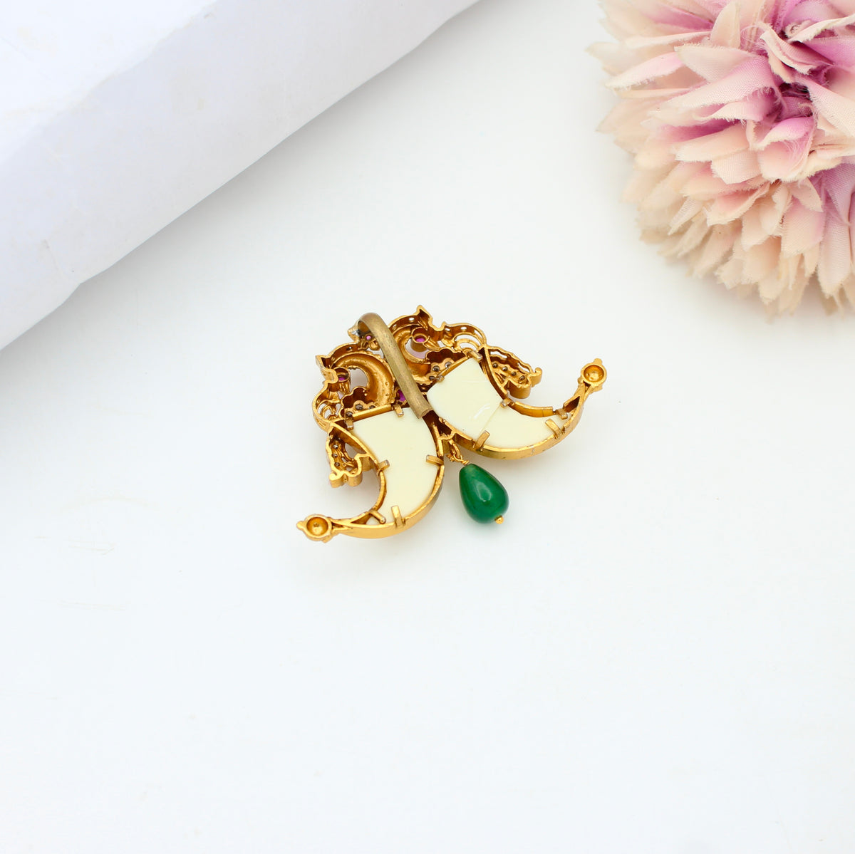 Traditional Nakshi Laxmi Peacock Tiger Nail Red Stone With Green Bead Drop 39061