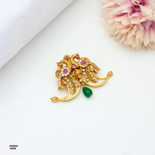 Traditional Nakshi Laxmi Peacock Tiger Nail Red Stone With Green Bead Drop 39061