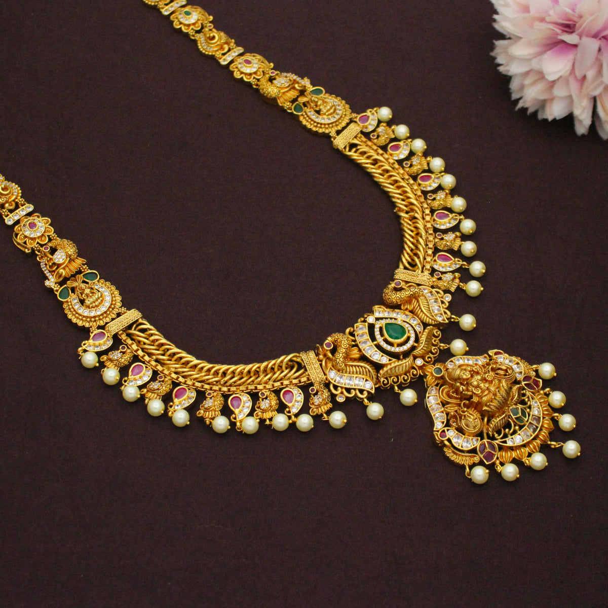 Premium Nakshi Laxmi Peacock Long Jalebi Necklace Set Multi Stone With Screw Back Earrings 42949