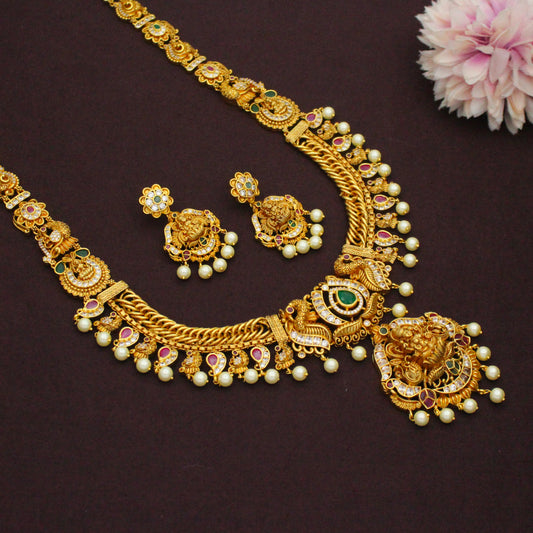 Premium Nakshi Laxmi Peacock Long Jalebi Necklace Set Multi Stone With Screw Back Earrings 42949