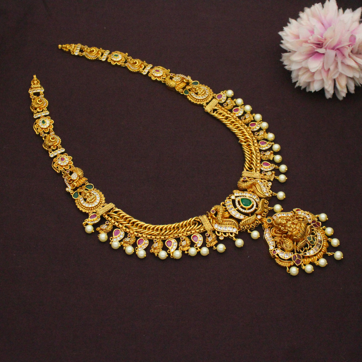 Premium Nakshi Laxmi Peacock Long Jalebi Necklace Set Multi Stone With Screw Back Earrings 42949