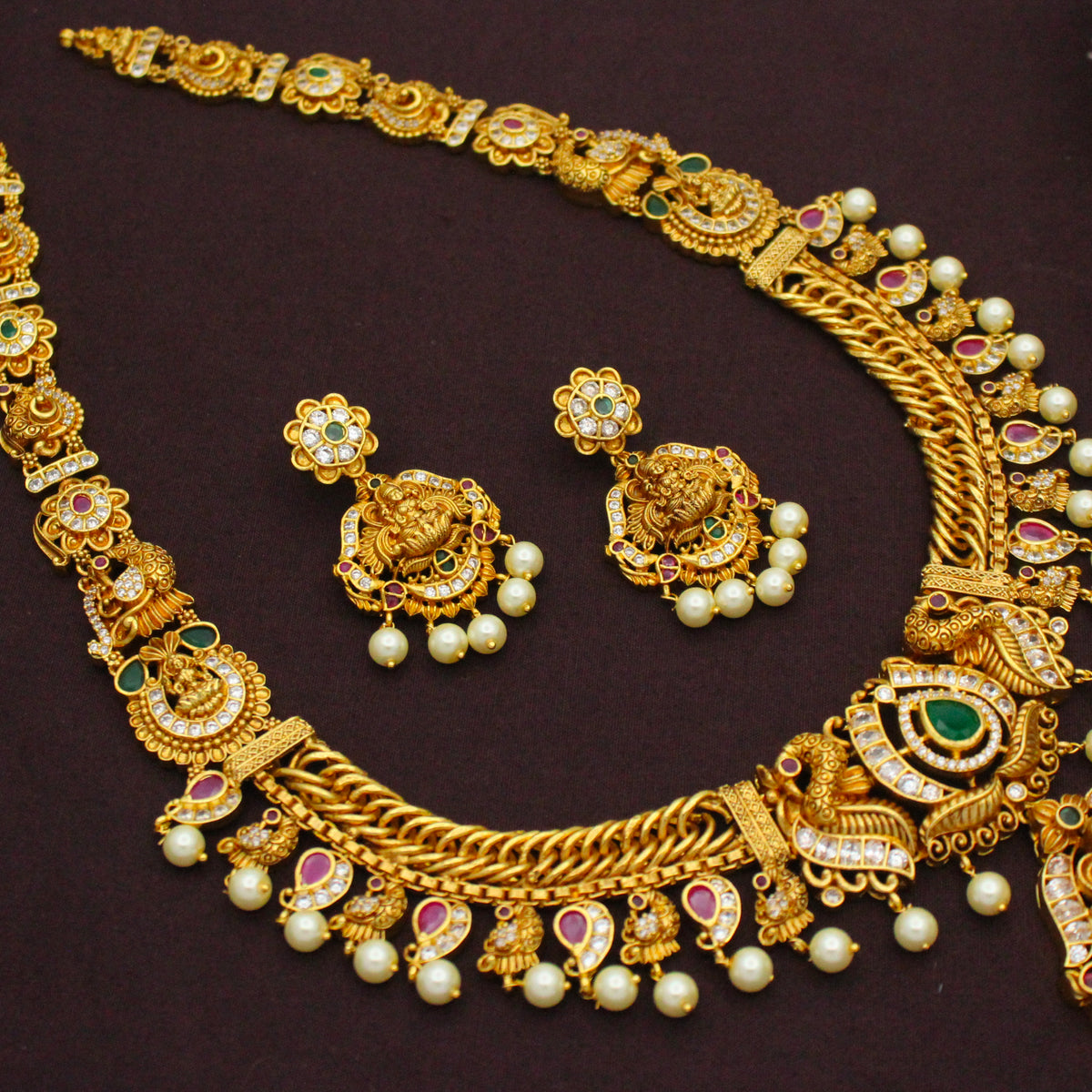 Premium Nakshi Laxmi Peacock Long Jalebi Necklace Set Multi Stone With Screw Back Earrings 42949