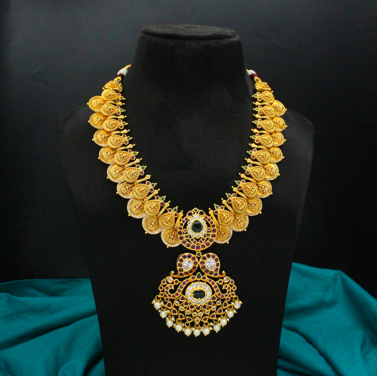 Elegant Pota Stone Nakshi Laxmi Peacock Kasulu Multi Stone Short Necklace Set With Screw Back Statement Earrings 42955