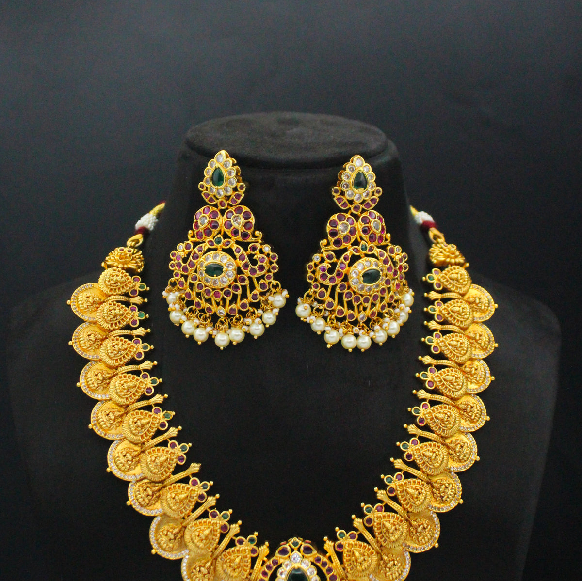 Elegant Pota Stone Nakshi Laxmi Peacock Kasulu Multi Stone Short Necklace Set With Screw Back Statement Earrings 42955