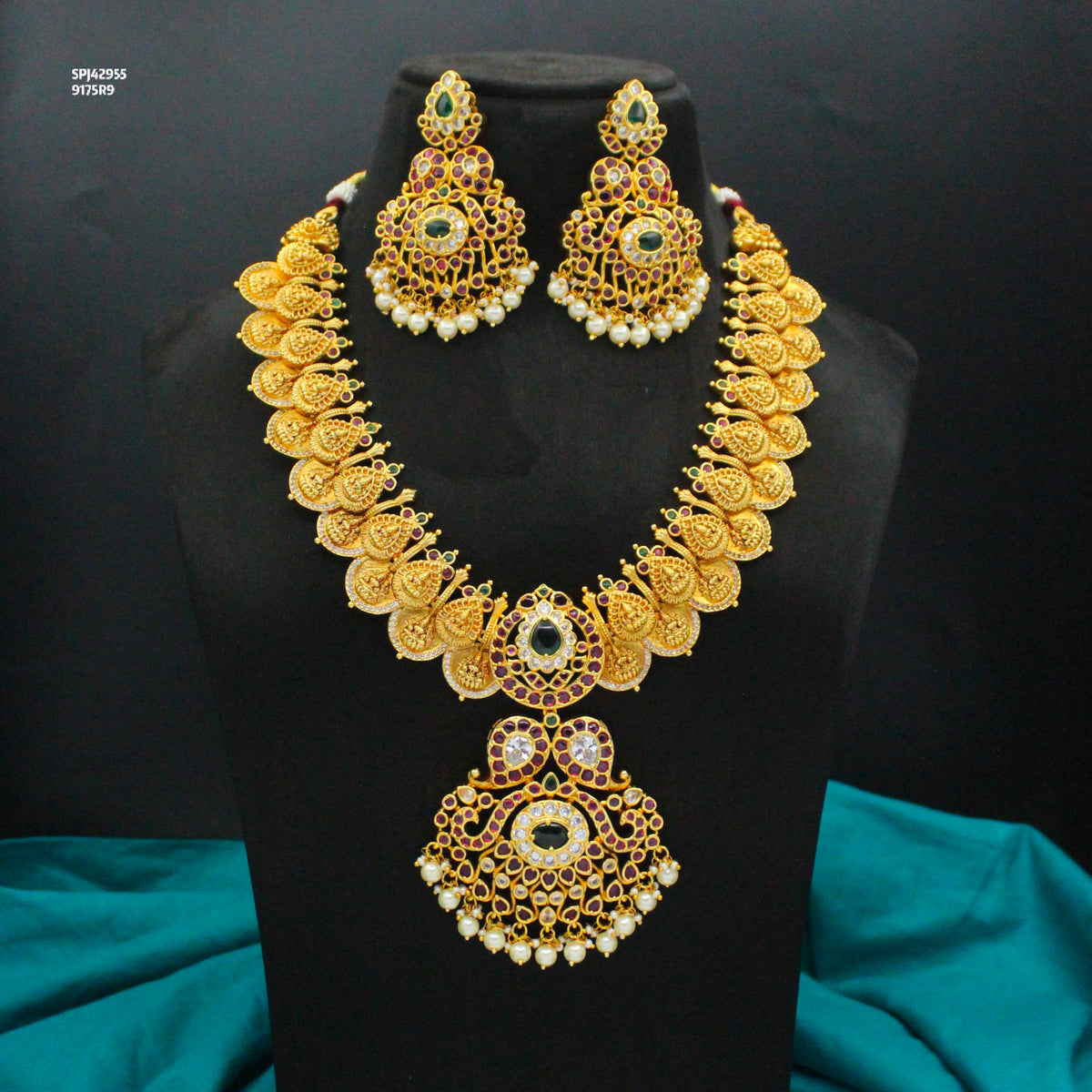 Elegant Pota Stone Nakshi Laxmi Peacock Kasulu Multi Stone Short Necklace Set With Screw Back Statement Earrings 42955