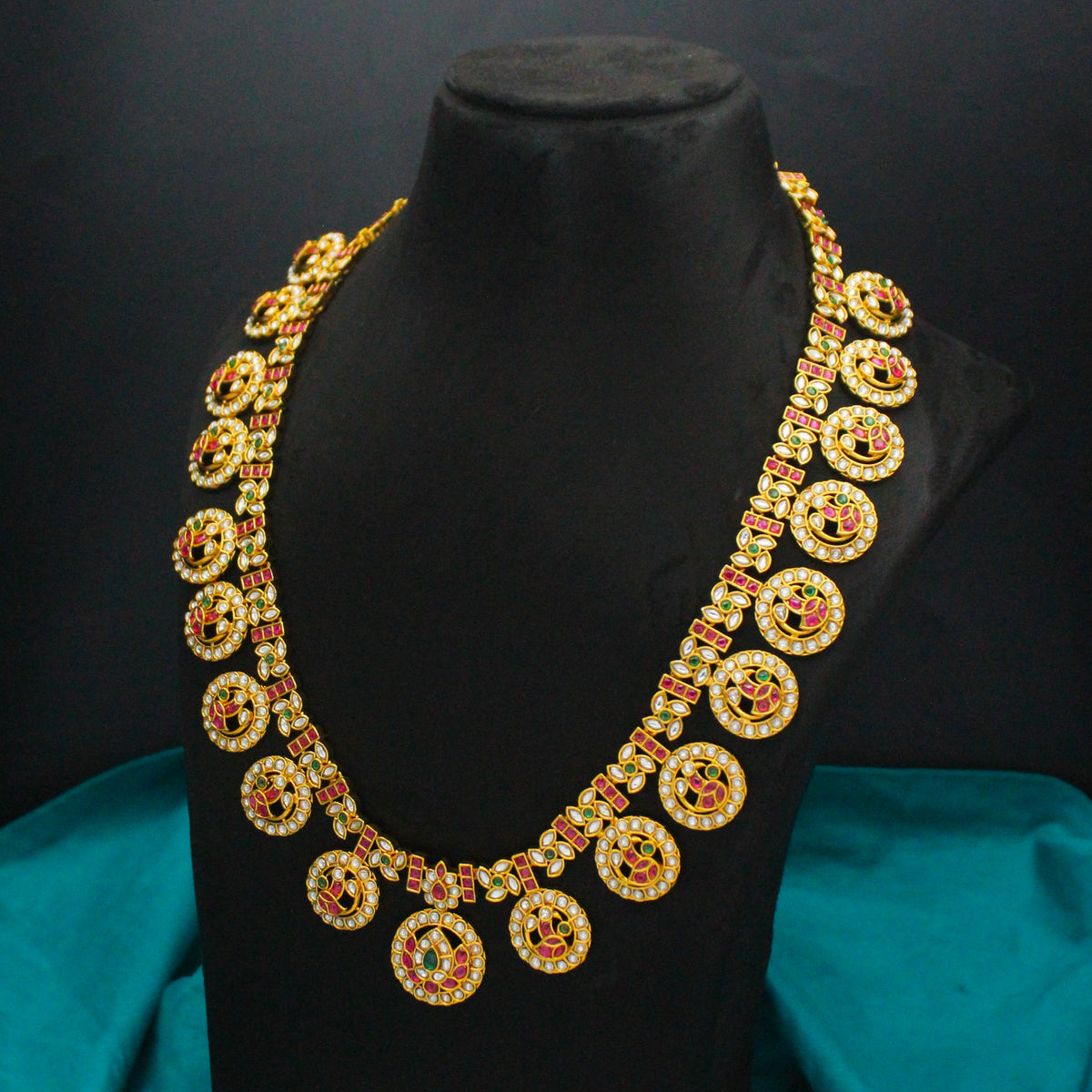 Premium Nakshi Multi Peacock Bottumala Long Necklace Set With Screw Back Earrings 42956
